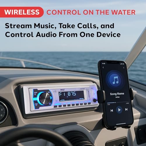 Pyle Marine Bluetooth Stereo Radio - 12v Single DIN Style Boat In dash Radio Receiver System with Built-in Mic, Digital LCD, RCA, MP3, USB, SD, AM FM Radio, Remote Control, White - PLMRB29W - Image 3