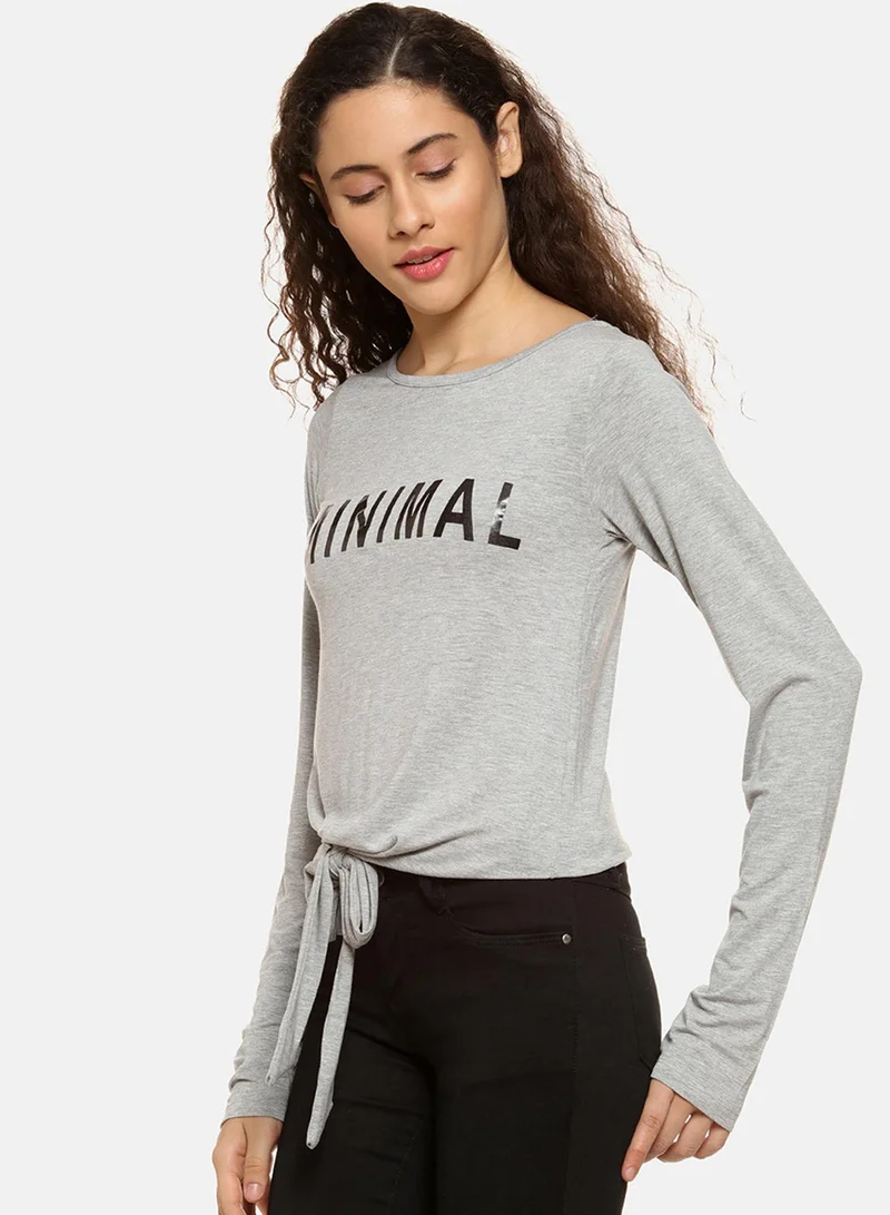 Campus Sutra Women's Light Grey Minimal-Imprint Tie-Up Top