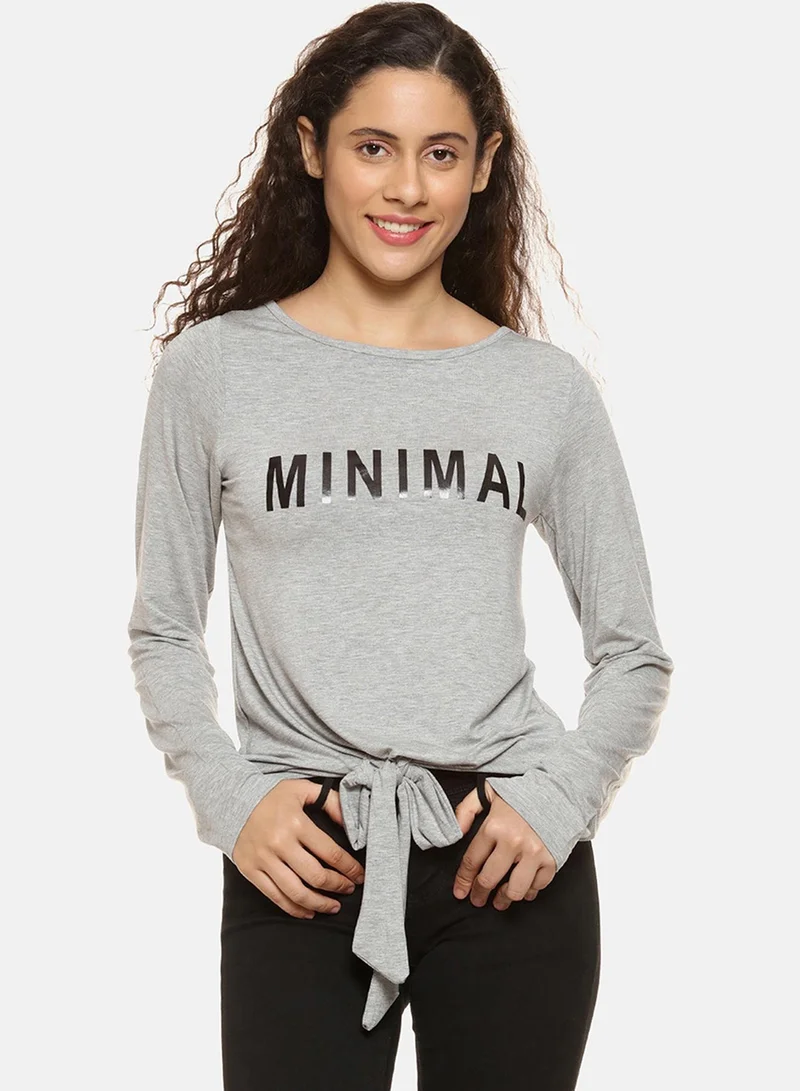 Campus Sutra Women's Light Grey Minimal-Imprint Tie-Up Top