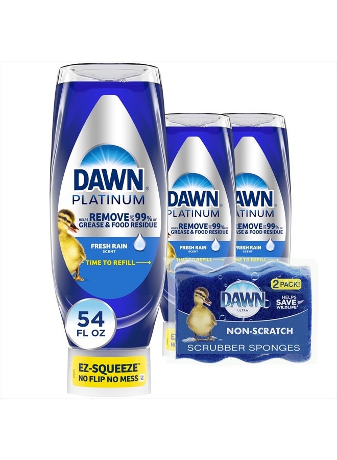 Dawn Dish Soap Squeeze Bottle, EZ-Squeeze Platinum Dish Soap Liquid+Non-Scratch Sponges for Dishes,Refreshing Rain,Includes 3x18oz Bottles+2 Sponges  - Image 1
