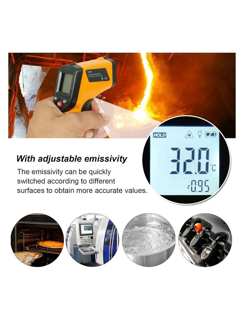 Infrared Thermometer ميزان حرارة بالأشعة تحت الحمراء CX6000 (رقمي، يعمل بالليزر، بدون تلامس)، مزود بشاشة LCD، يتيح قراءة فورية لدرجة حرارة الأسطح؛ مناسب لأنظمة التدفئة والتهوية وتكييف الهواء (HVAC) وصيانة السيارات والأنظمة الكهربائية والاستخدام المنزلي. يتميز بنطاق قياس واسع يتراوح بين -50 درجة مئوية و400 درجة مئوية (-58 درجة فهرنهايت إلى 752 درجة فهرنهايت)، وإمكانية ضبط معامل الانبعاثية، كما يتضمن بطاريتين من نوع AAA. - Image 3