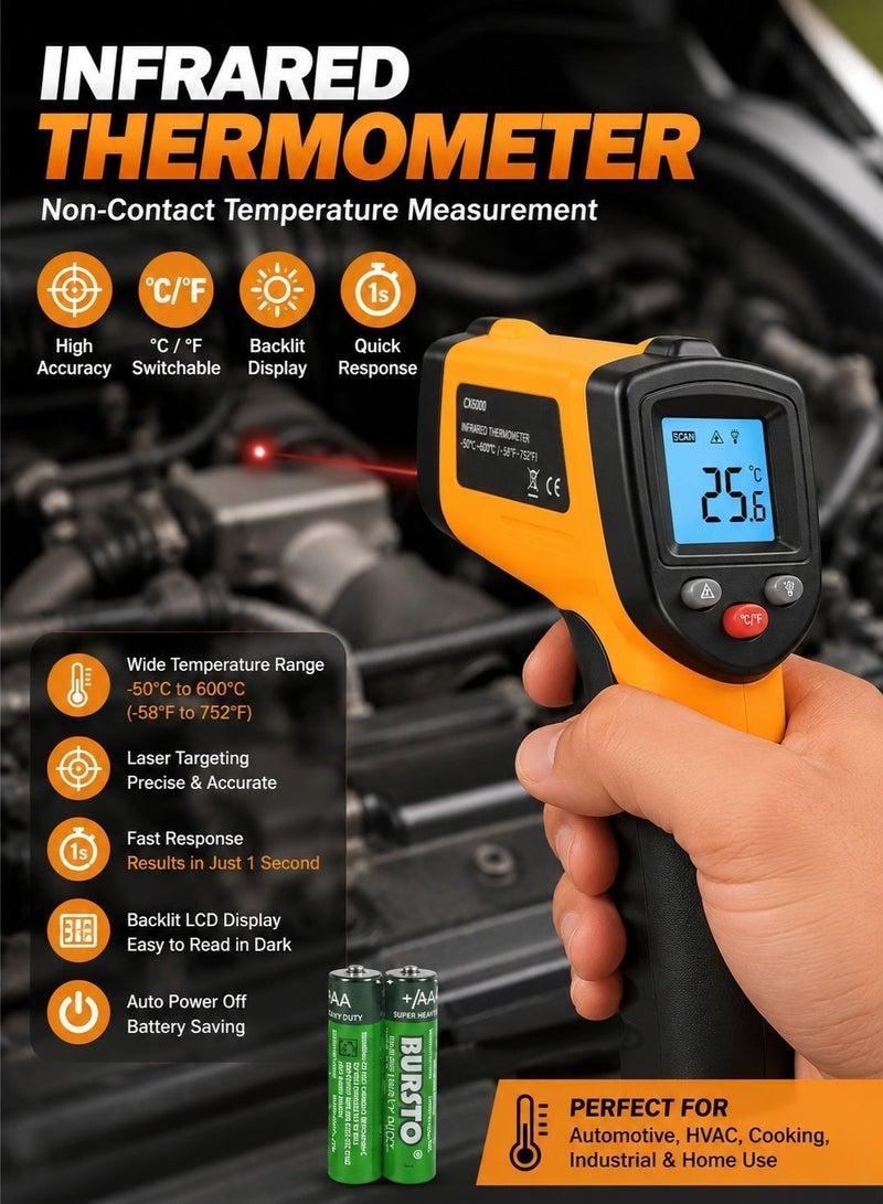 Infrared Thermometer ميزان حرارة بالأشعة تحت الحمراء CX6000 (رقمي، يعمل بالليزر، بدون تلامس)، مزود بشاشة LCD، يتيح قراءة فورية لدرجة حرارة الأسطح؛ مناسب لأنظمة التدفئة والتهوية وتكييف الهواء (HVAC) وصيانة السيارات والأنظمة الكهربائية والاستخدام المنزلي. يتميز بنطاق قياس واسع يتراوح بين -50 درجة مئوية و400 درجة مئوية (-58 درجة فهرنهايت إلى 752 درجة فهرنهايت)، وإمكانية ضبط معامل الانبعاثية، كما يتضمن بطاريتين من نوع AAA. - Image 2