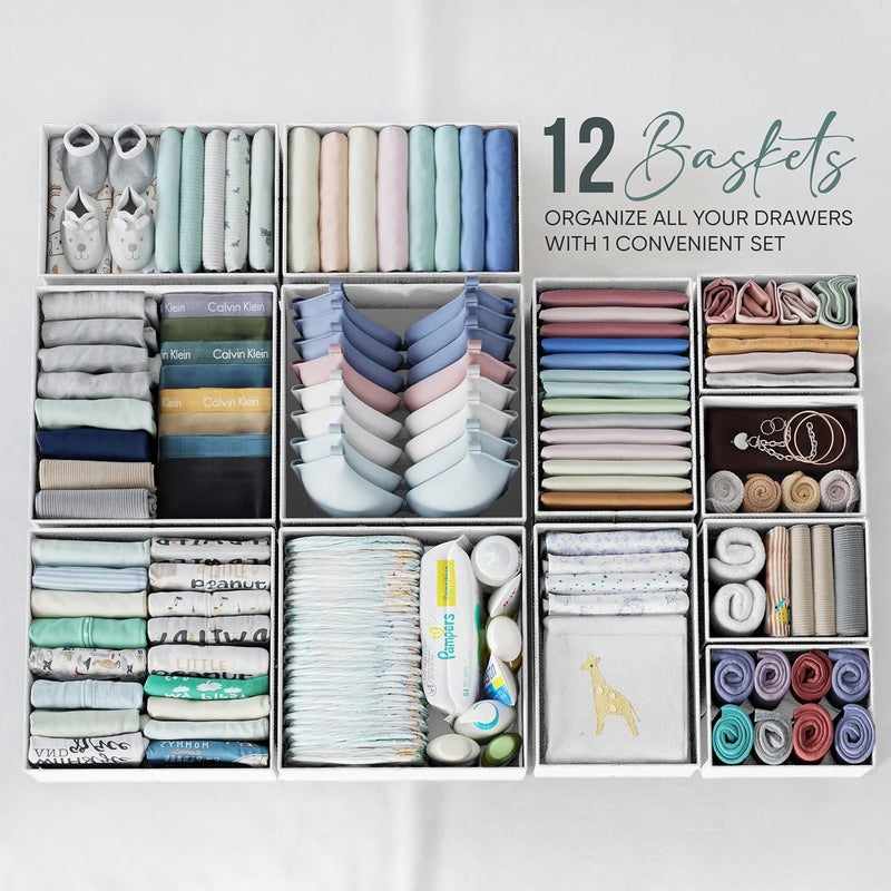 NEATERIZE Drawer Organizer Clothes Set of 12 White-Grey - Dresser Organizer For Nursery, Bedroom, Closet - Perfect Baby Clothes Organizer and Storage & General Nursery Organization or Dresser Drawer Organizers - Image 3