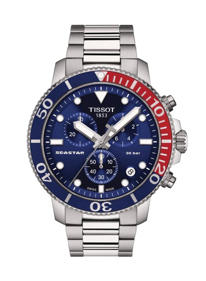 تيسو ساعة تيسوت سيستار 1000 كرونوغراف بمينا زرقاء وسوار فضي من الفولاذ للرجال - T120.417.11.041.03 - Image 1