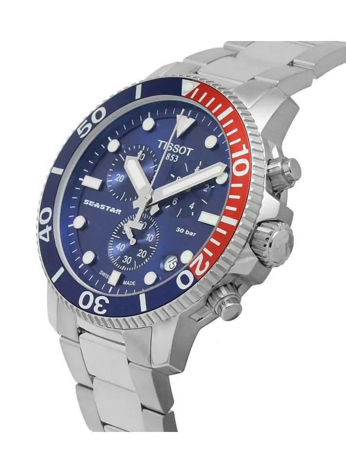 تيسو ساعة تيسوت سيستار 1000 كرونوغراف بمينا زرقاء وسوار فضي من الفولاذ للرجال - T120.417.11.041.03 - Image 3