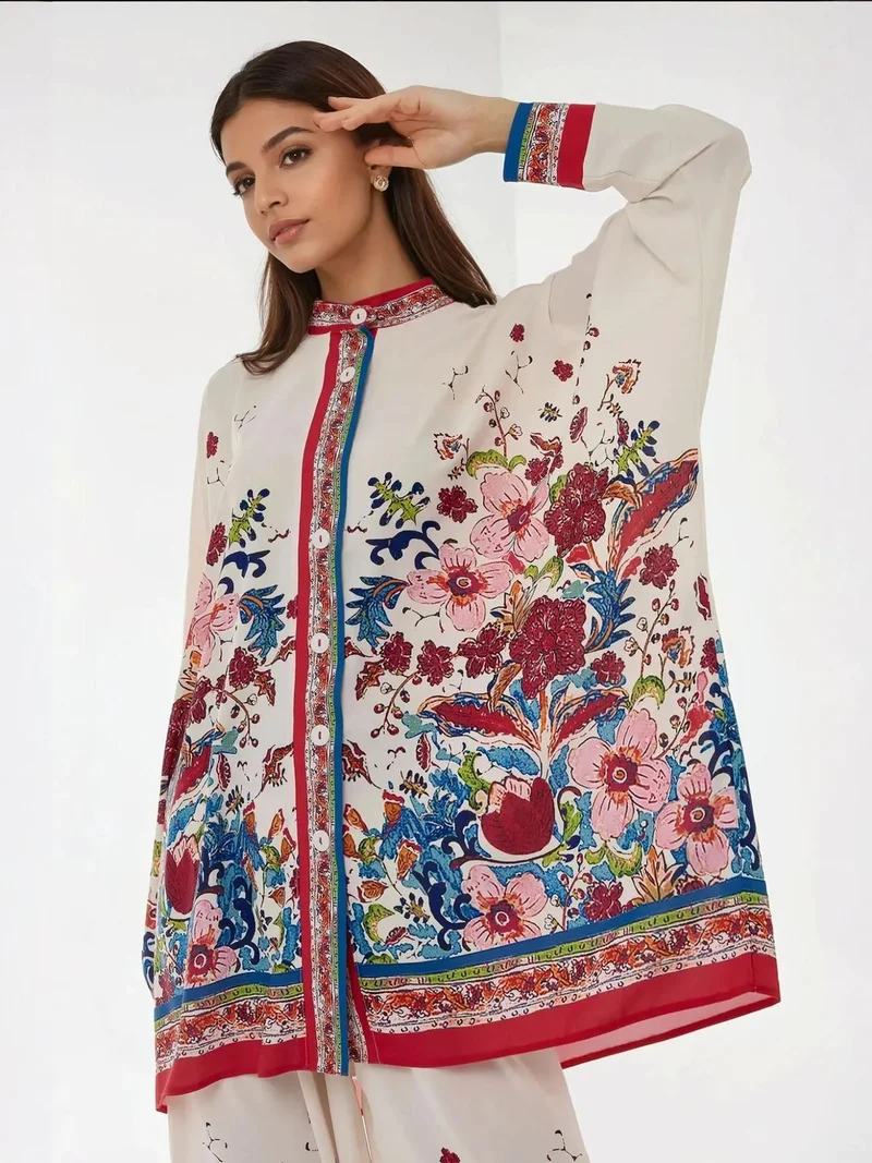 زوبعة طقم بنطلون كيمونو بخصر مرتفع مطبوع