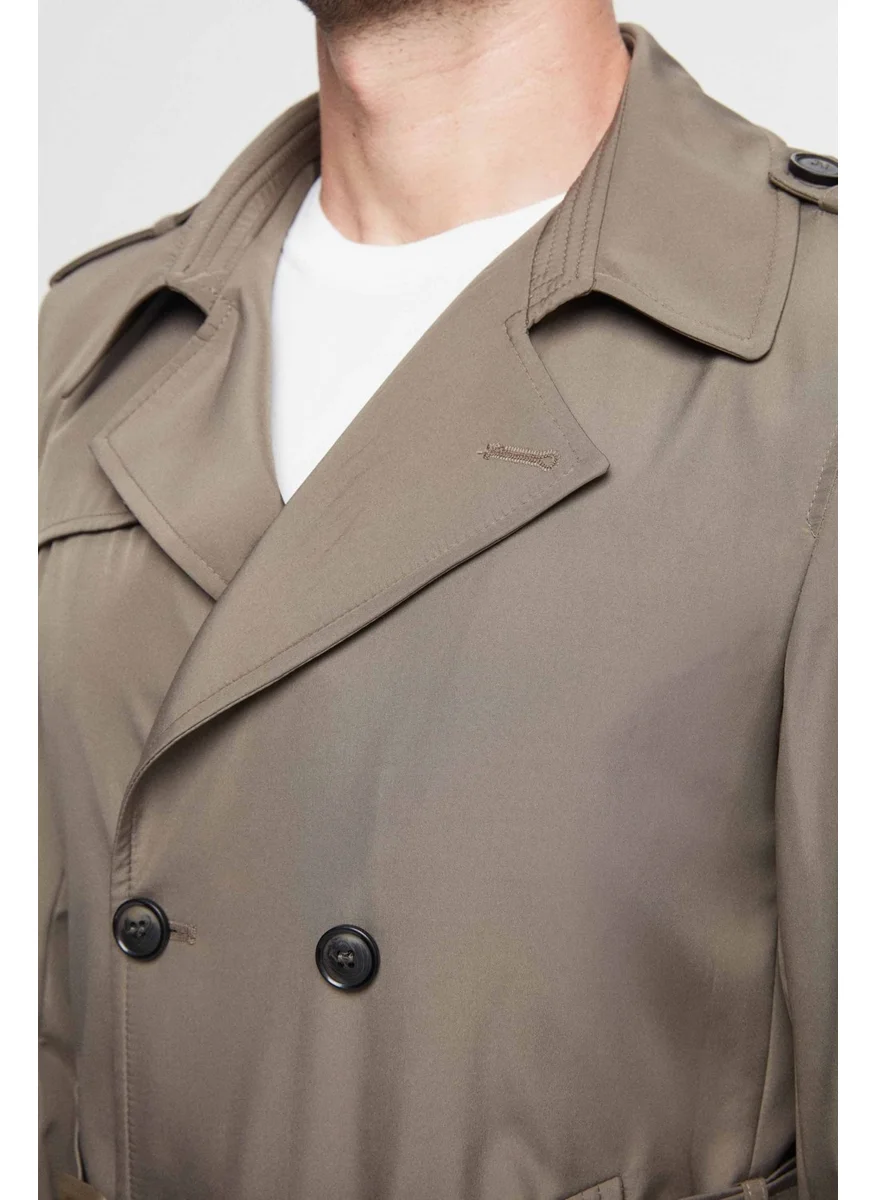 دي أس دامات Ds Damat Regular Fit Khaki Epaulette Waist Belted Overcoat/Trench Coat