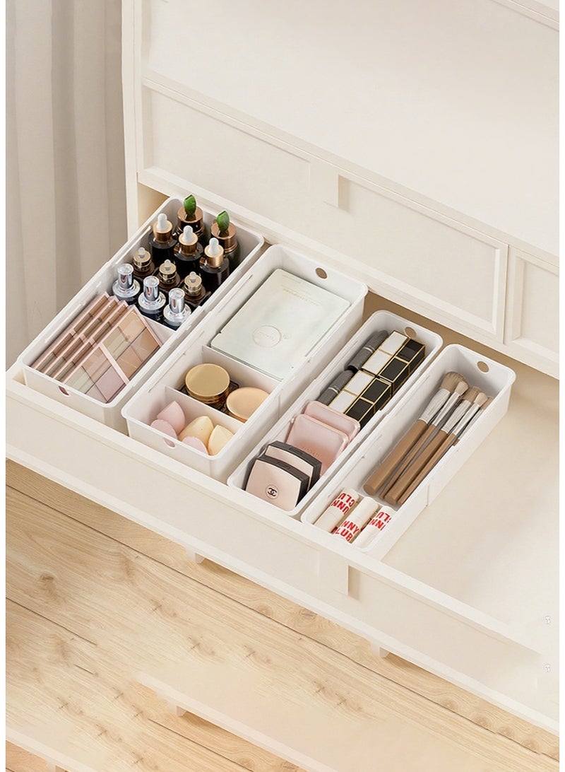 هومستر 4 حزمة منظمي الدرج البلاستيكي مجموعة، صناديق تخزين المكياج القابلة للتوسع، صناديق منظم الدرج المكتب مع المقسمات القابلة للتعديل، لغرفة النوم، الحمام، الملابس، أدوات المطبخ الأبيض - Image 1