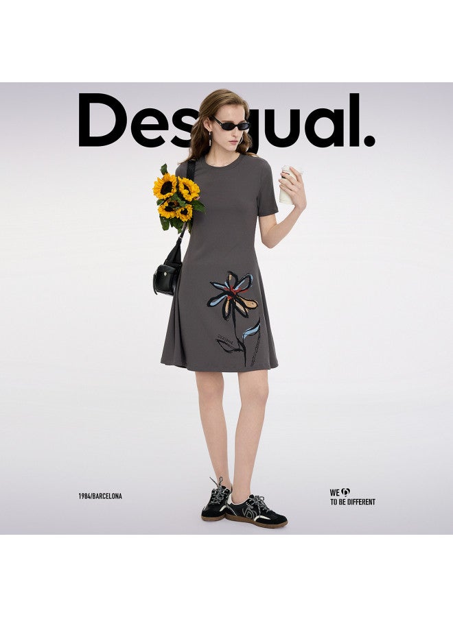 DESIGUAL ss25 New Arrival Hand-painted Floral Print T-shirt Dress With Positioning Design - Image 5