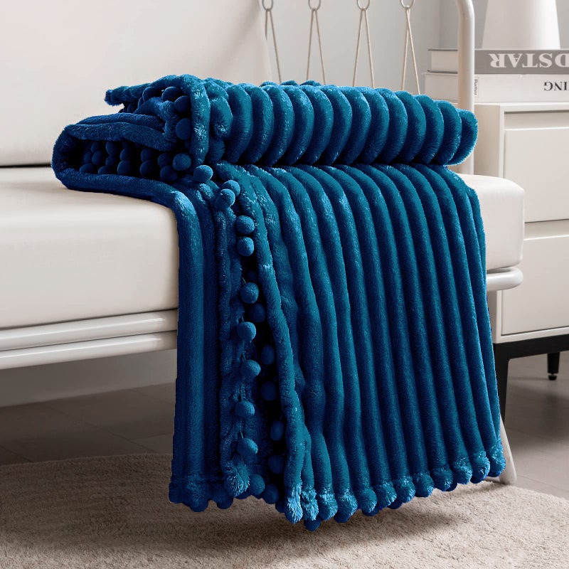 DISSA Fleece Blanket Twin Size 60x80 Blue Soft Plush Fluffy Fuzzy Warm Cozy Perfect Throw for Couch Bed Sofa with Pompom Fringe Flannel Blanket