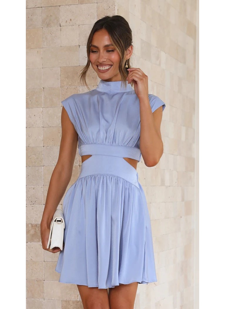 Generic 2023 Summer Best Seller Hollow Ruched Amazon Fast Selling European And American Foreign Trade Elegant Dress Unmatched Blue  - Image 1