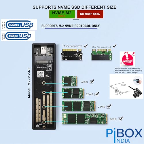 pibox India NVMe M2/M.2 Tool-Free SSD Enclosure Case with USB 3.2, 10Gbps & PCI-E NVMe Reader, USB-C, Supports M & B&M Keys, 2230/2242/2260/2280 SSDs, Realtek RTL9210 Chipset - Image 4