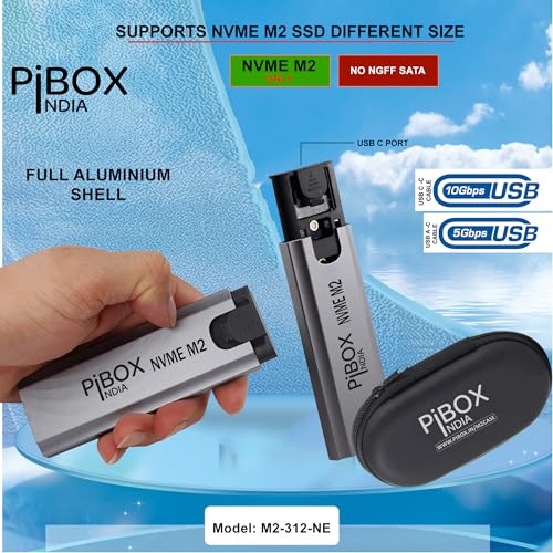 pibox India NVMe M2/M.2 Tool-Free SSD Enclosure Case with USB 3.2, 10Gbps & PCI-E NVMe Reader, USB-C, Supports M & B&M Keys, 2230/2242/2260/2280 SSDs, Realtek RTL9210 Chipset - Image 5