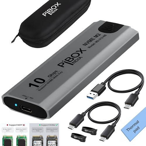 pibox India NVMe M2/M.2 Tool-Free SSD Enclosure Case with USB 3.2, 10Gbps & PCI-E NVMe Reader, USB-C, Supports M & B&M Keys, 2230/2242/2260/2280 SSDs, Realtek RTL9210 Chipset - Image 1