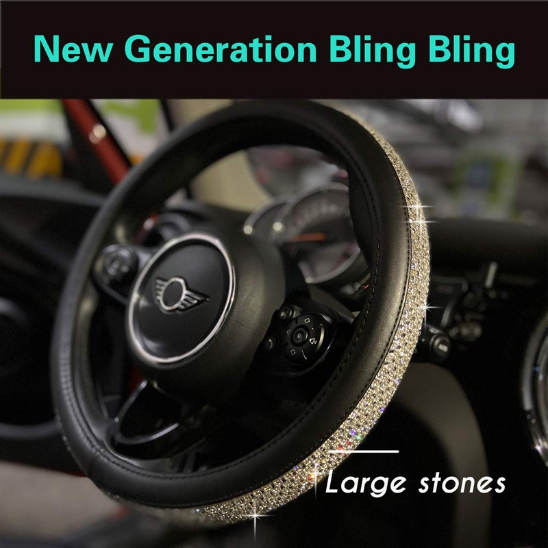 PINCTROT Large Size Bling Comfy Steering Wheel Cover with Jumbo Crystal Rhinestones, Anti-Slip Diamond Leather, 15.5-15.75 Inch (Silver) - Image 2