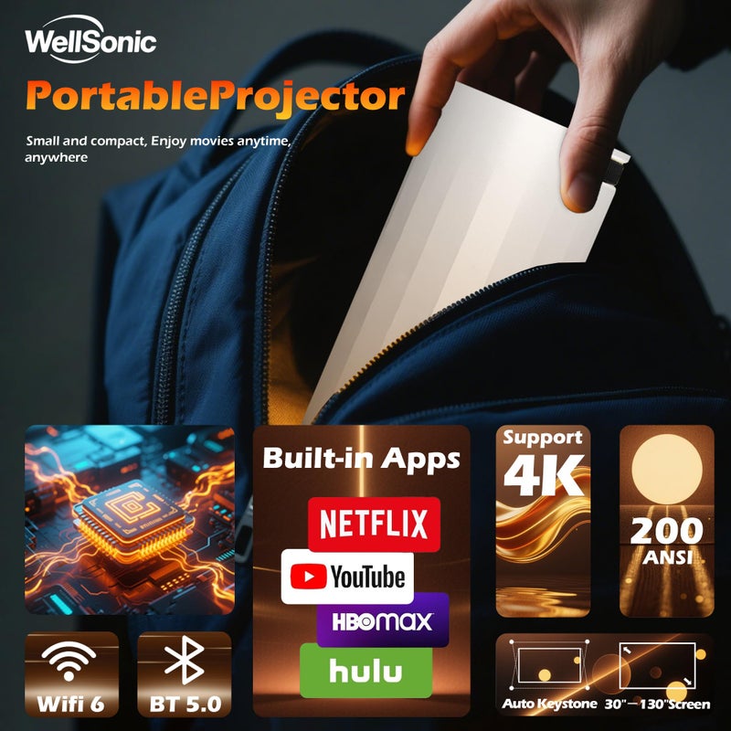 WellSonic Mini Projector with WiFi and Bluetooth, Portable Projector Support 4K, Auto Keystone,210Â° Rotation, 130'' Screen for Home Bedroom Outdoor - Image 2