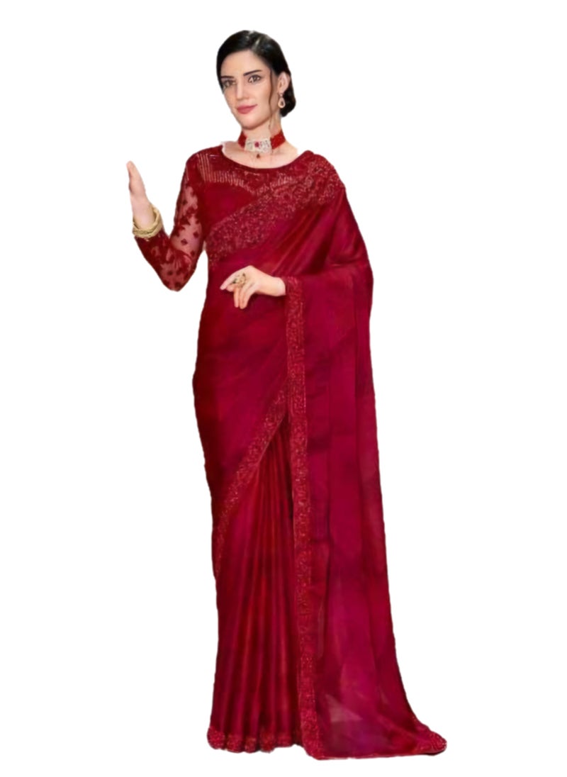 Grab Mantra Pure Georgette Red Silk Saree With Embroidered Lace Border Plus Designer Net Fancy Unstitched Blouse  - Image 1