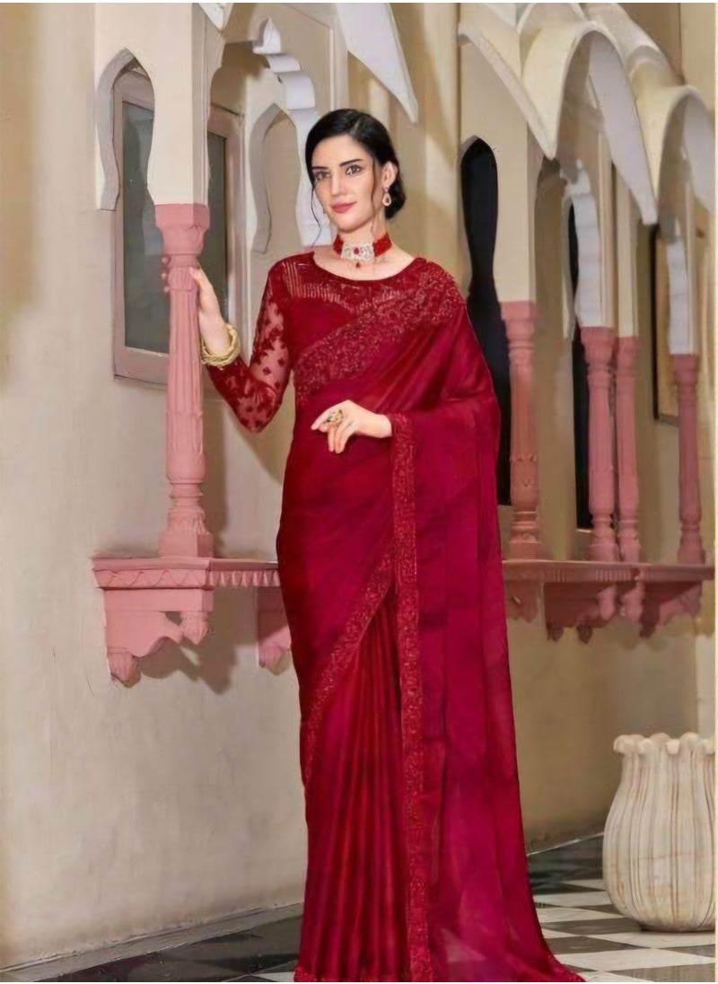 Grab Mantra Pure Georgette Red Silk Saree With Embroidered Lace Border Plus Designer Net Fancy Unstitched Blouse  - Image 2
