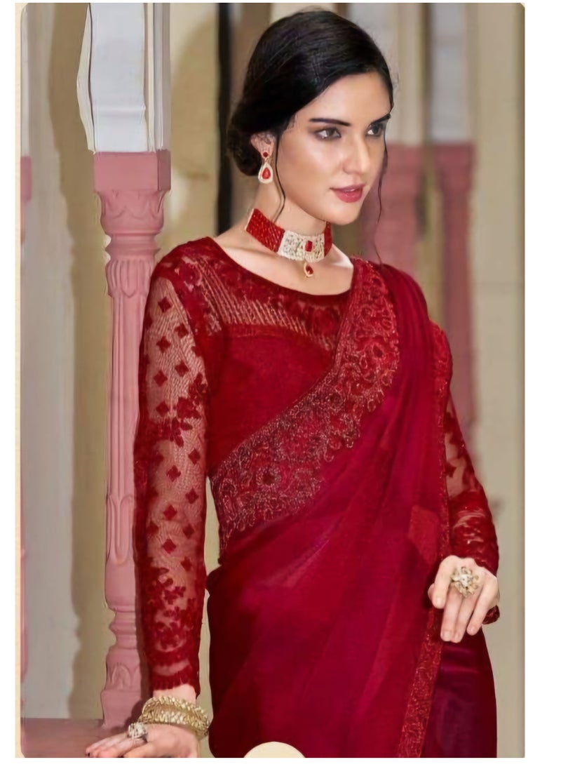 Grab Mantra Pure Georgette Red Silk Saree With Embroidered Lace Border Plus Designer Net Fancy Unstitched Blouse  - Image 3