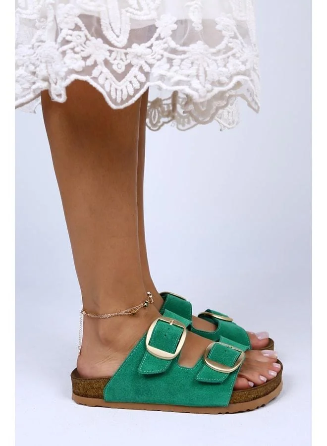 Manijero  Irene Genuine Leather Double Buckle Green Slippers - Green for Women | Best Price UAE