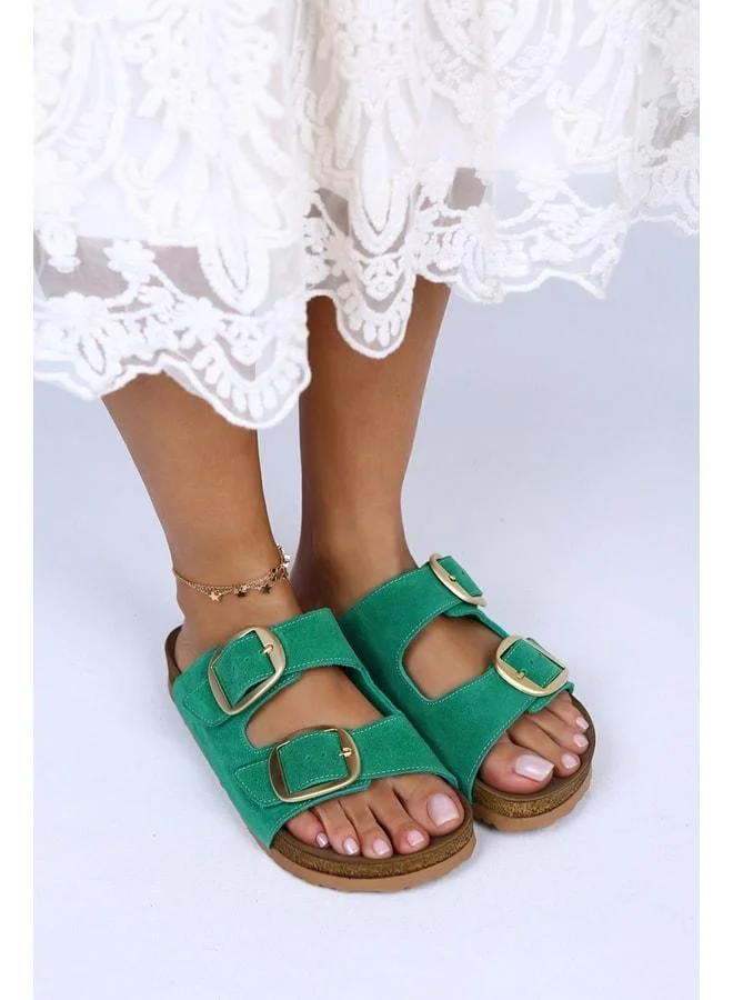 Irene Genuine Leather Double Buckle Green Slippers - Green