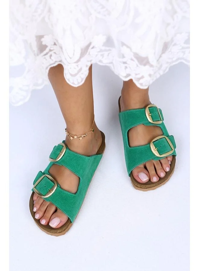 Manijero  Irene Genuine Leather Double Buckle Green Slippers - Green for Women | Best Price UAE