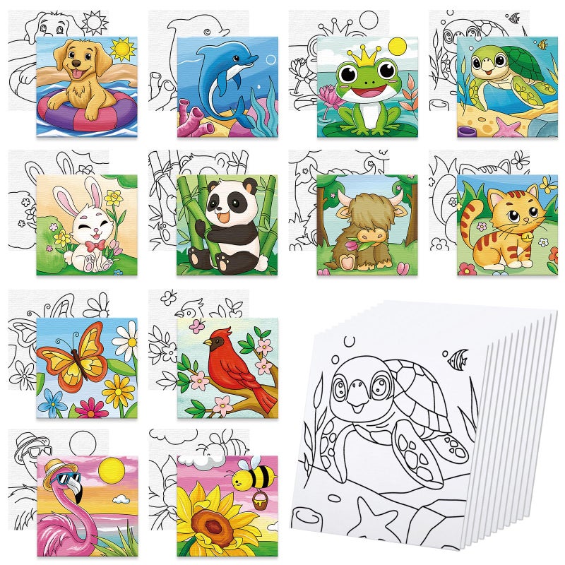 Anseal 12 Packs Pre Drawn Canvas to Paint, 4" X 4" Animal Pre-Printed Canvas Paint Party for Kids, Stretched Outline Painting Boards for Beginners, Students, Party Favor - Image 1