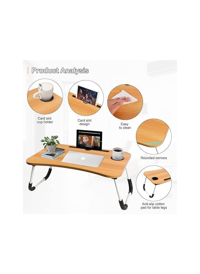 General - Portable Folding bed Table, Laptop Desk With ipad and Cup Holder Adjustable Lap Tray Notebook Stand,Foldable Non-slip Legs Reading Table Tray for working,studing,camping 60×40×28cm Beige - Image 1