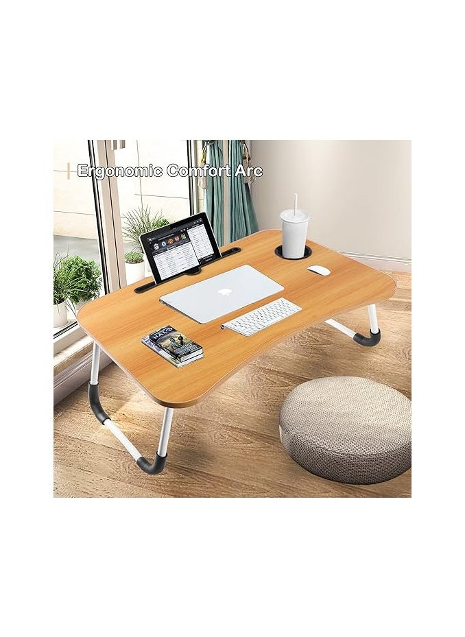 General - Portable Folding bed Table, Laptop Desk With ipad and Cup Holder Adjustable Lap Tray Notebook Stand,Foldable Non-slip Legs Reading Table Tray for working,studing,camping 60×40×28cm Beige - Image 1