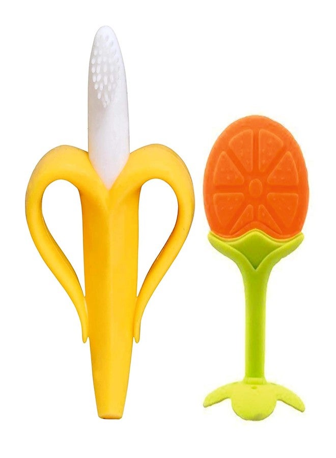 Roforuf Baby Banana Shape Teether 1pc & Orange Fruit Shape Teether 1pc for Newborn, Babies, Infant Toothbrush, Ergonomic Grip and Dust-Resistant (Pack of 2) (Banana & Orange) - Image 1