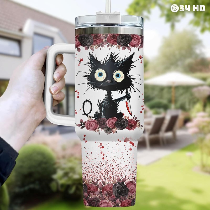 34HD Crazy Cat Tumbler with Lid & Straw, 40 oz Stainless Steel Vacuum Insulated Put You In The Trunk Mug, Funny Gifts for Cat Lover Women Men, Black Kitty Gifts for Birthday Halloween Christmas - Image 5