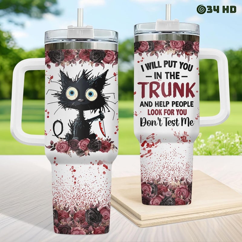 34HD Crazy Cat Tumbler with Lid & Straw, 40 oz Stainless Steel Vacuum Insulated Put You In The Trunk Mug, Funny Gifts for Cat Lover Women Men, Black Kitty Gifts for Birthday Halloween Christmas - Image 4