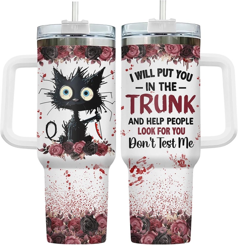 34HD Crazy Cat Tumbler with Lid & Straw, 40 oz Stainless Steel Vacuum Insulated Put You In The Trunk Mug, Funny Gifts for Cat Lover Women Men, Black Kitty Gifts for Birthday Halloween Christmas - Image 1