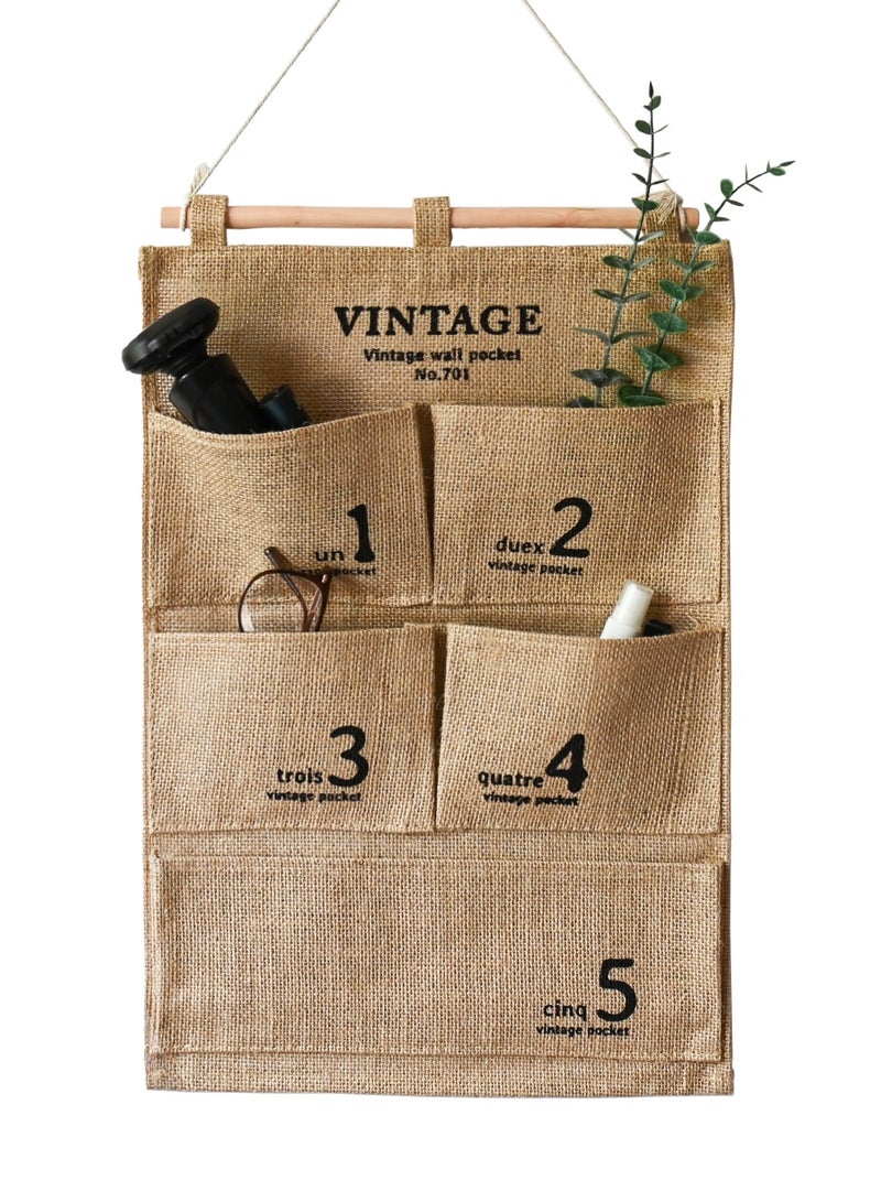 5 Pockets Jute Wall Door Closet Hanging Storage Bag Home Door Organizer 50x34.5cm  - Image 1