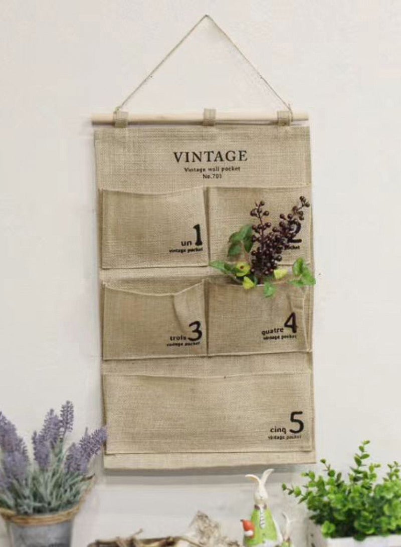 5 Pockets Jute Wall Door Closet Hanging Storage Bag Home Door Organizer 50x34.5cm  - Image 2