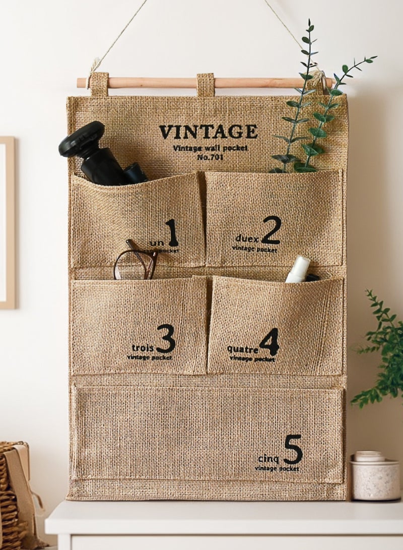 5 Pockets Jute Wall Door Closet Hanging Storage Bag Home Door Organizer 50x34.5cm  - Image 3