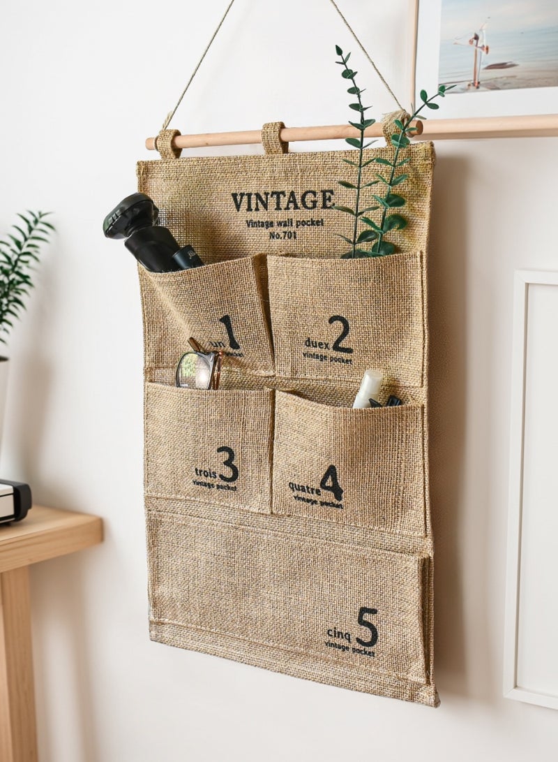 5 Pockets Jute Wall Door Closet Hanging Storage Bag Home Door Organizer 50x34.5cm  - Image 4