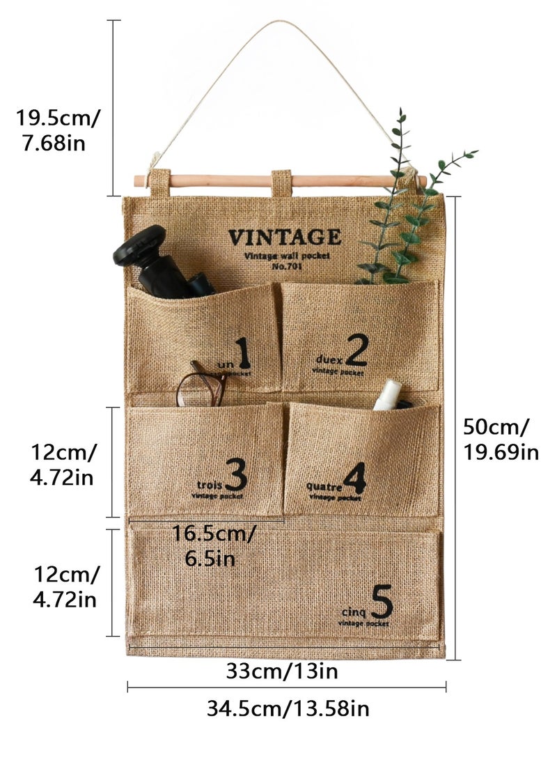 5 Pockets Jute Wall Door Closet Hanging Storage Bag Home Door Organizer 50x34.5cm  - Image 5