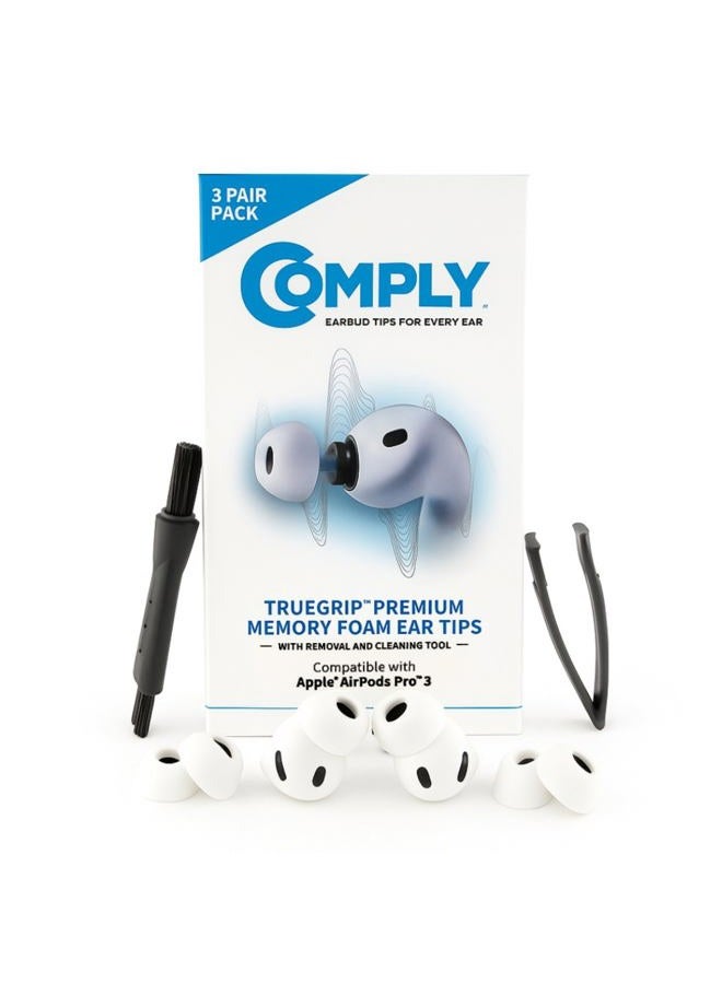 COMPLY TrueGrip | Premium Memory Foam Replacement Earbud Tips for Apple AirPods Pro Gen 3 | Long Lasting Comfort, Secure Fit, Superior Noise Isolation| White (Medium) (3 Pairs) - Image 1