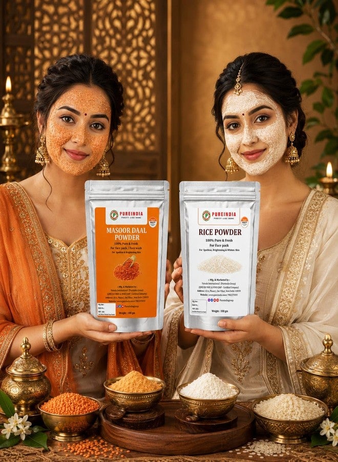 PureIndia Pure India Handmade Rice Powder & Masoor Dal Powder Combo (100g + 100g) | Natural Ubtan for Face Pack | Skin Brightening, Tan Removal, Exfoliation & Glowing Skin | DIY Face Mask | Total 200g - Image 3