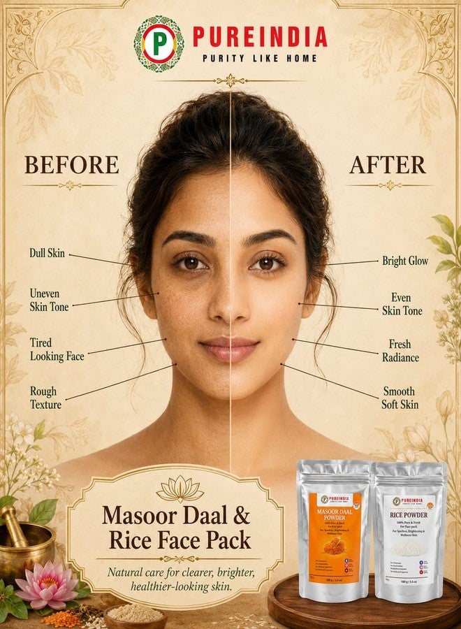 PureIndia Pure India Handmade Rice Powder & Masoor Dal Powder Combo (100g + 100g) | Natural Ubtan for Face Pack | Skin Brightening, Tan Removal, Exfoliation & Glowing Skin | DIY Face Mask | Total 200g - Image 4