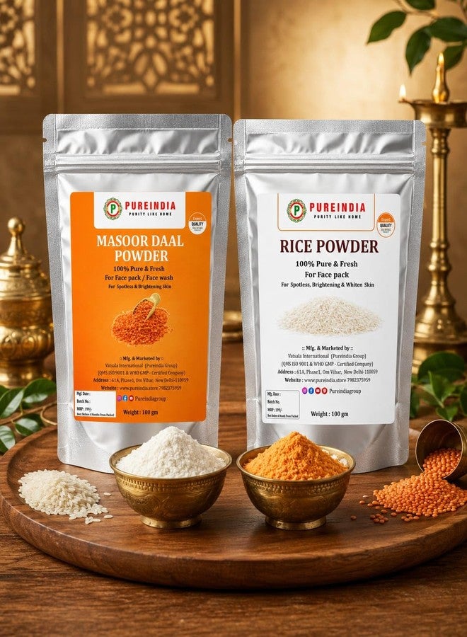 PureIndia Pure India Handmade Rice Powder & Masoor Dal Powder Combo (100g + 100g) | Natural Ubtan for Face Pack | Skin Brightening, Tan Removal, Exfoliation & Glowing Skin | DIY Face Mask | Total 200g - Image 1