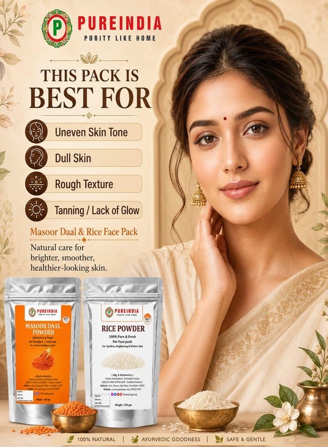 PureIndia Pure India Handmade Rice Powder & Masoor Dal Powder Combo (100g + 100g) | Natural Ubtan for Face Pack | Skin Brightening, Tan Removal, Exfoliation & Glowing Skin | DIY Face Mask | Total 200g - Image 5