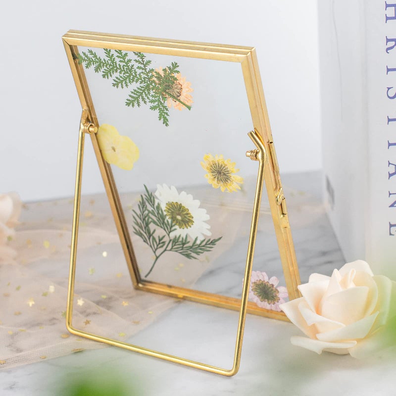 Jajamy Set of 3 Glass Pressed Flowers Frame Collection  4""x4""  4""x6""  5""x7"" Gold Metal Floating Standing Glass Picture Frames  Tabletop Pressed Glass Artwork Frame Home Decor Photo Display - Image 4