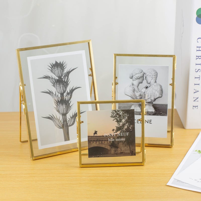 Jajamy Set of 3 Glass Pressed Flowers Frame Collection  4""x4""  4""x6""  5""x7"" Gold Metal Floating Standing Glass Picture Frames  Tabletop Pressed Glass Artwork Frame Home Decor Photo Display - Image 2