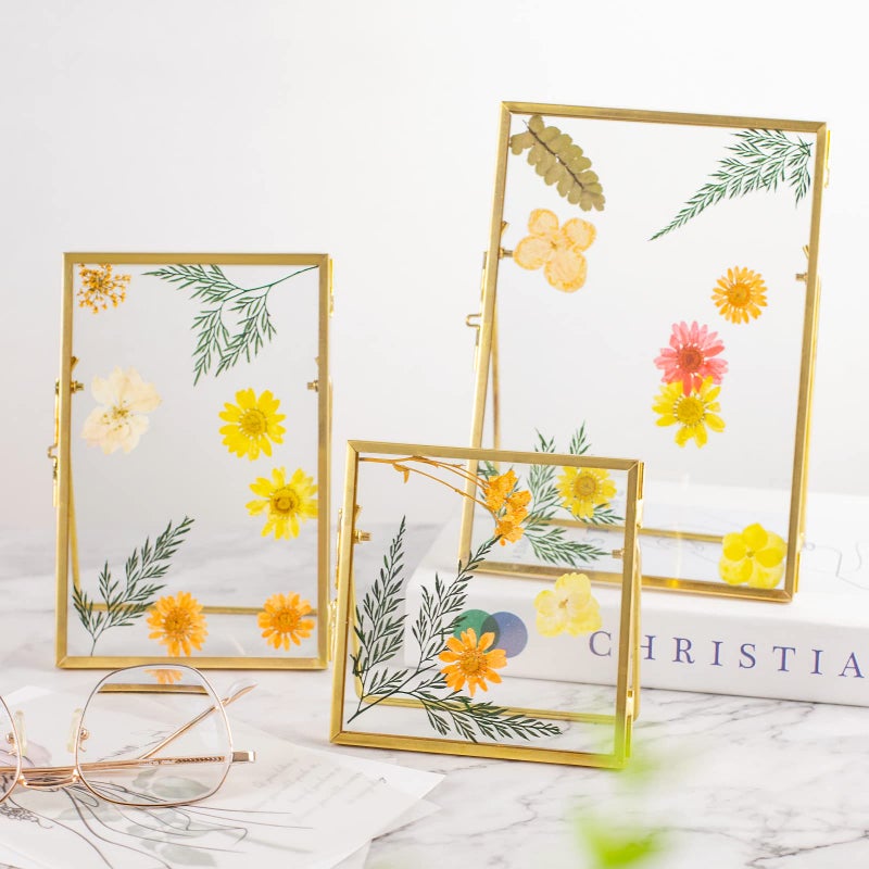 Jajamy Set of 3 Glass Pressed Flowers Frame Collection  4""x4""  4""x6""  5""x7"" Gold Metal Floating Standing Glass Picture Frames  Tabletop Pressed Glass Artwork Frame Home Decor Photo Display - Image 3