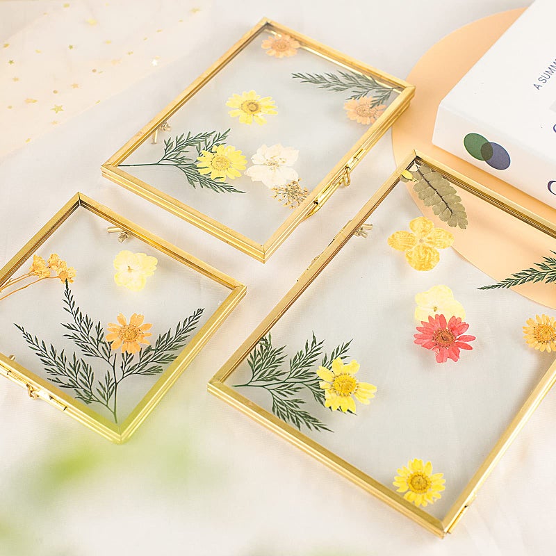 Jajamy Set of 3 Glass Pressed Flowers Frame Collection  4""x4""  4""x6""  5""x7"" Gold Metal Floating Standing Glass Picture Frames  Tabletop Pressed Glass Artwork Frame Home Decor Photo Display - Image 5