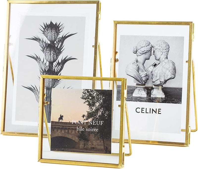 Jajamy Set of 3 Glass Pressed Flowers Frame Collection  4""x4""  4""x6""  5""x7"" Gold Metal Floating Standing Glass Picture Frames  Tabletop Pressed Glass Artwork Frame Home Decor Photo Display - Image 1