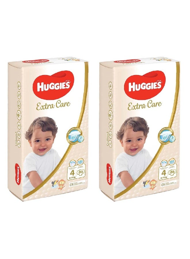 HUGGIES Extra Care Baby Diapers, Size 4, For 8-14Kg, Promo Jumbo Pack of 2 x 68’s