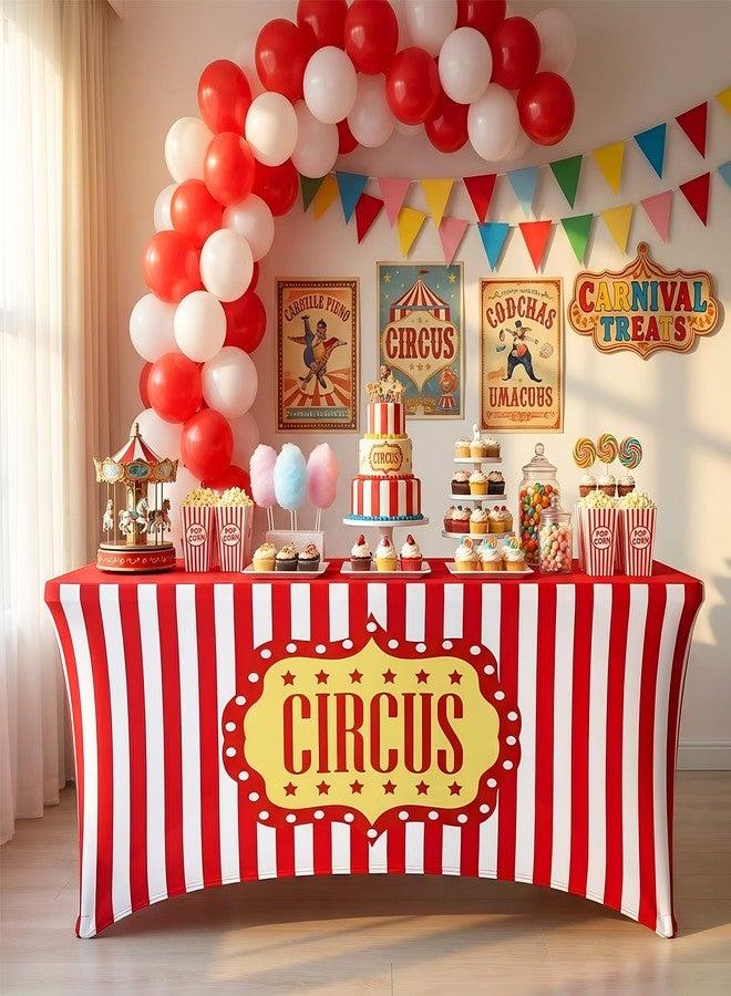 Moukeren 6ft Carnival Tablecloth Stretch Spandex Table Cover Red and White Striped Spandex Tablecloth Carnival Circus Party Table Decoration for Standard Folding Tables Party (Summer) - Image 1